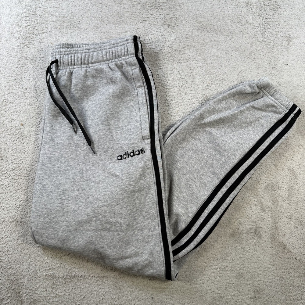 Adidas Sweatpants Mens Large Grey Fleece Drawstring Pocket Joggers Gym 3 Stripe